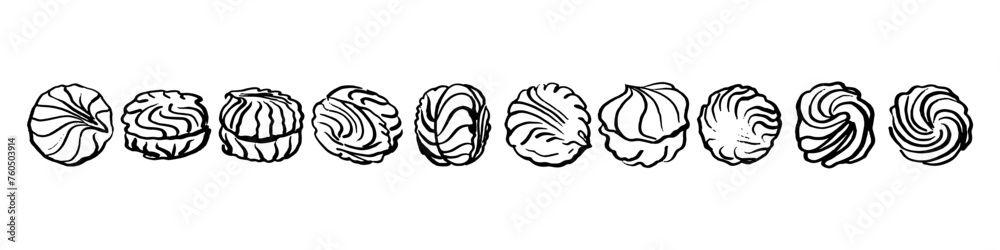 Vector set of hand drawn meringues and zephyr, marshmallow on white background. Monochrome. Sweet marshmallow for bbq, cooking. Vector set of hand drawn meringues and zephyr, marshmallow on white background. Monochrome. Sweet marshmallow for bbq, cooking.