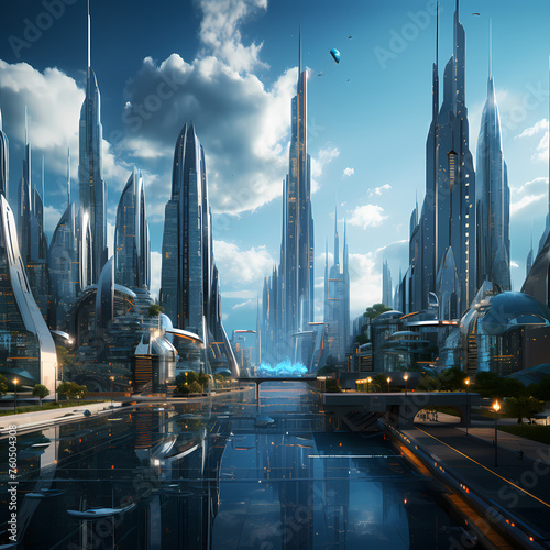 A futuristic city with transparent skyscrapers. 