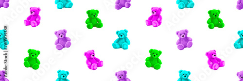 Neon cartoon bear doll background for teens and children. Fluffy soft stuffed toys seamless pattern. (ID: 760504388)