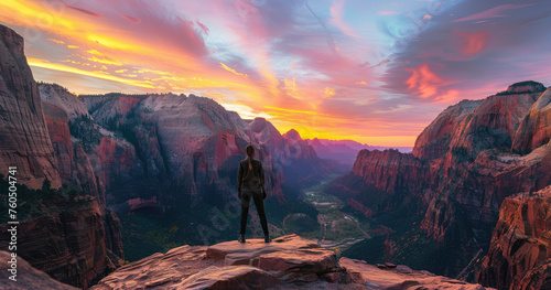 A woman standing on the edge of zion national park overlooking epic canyon landscape at sunrise