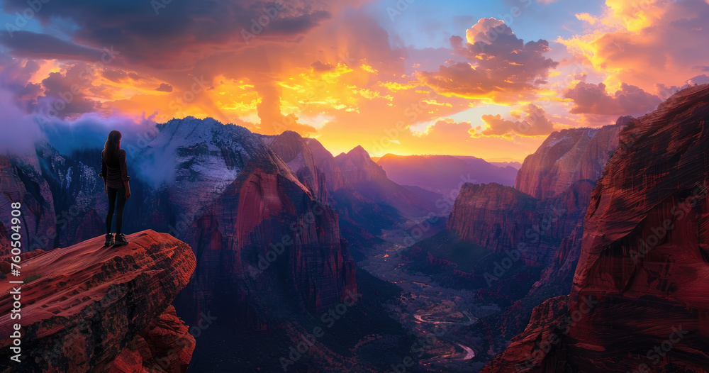 A woman standing on the edge of zion national park overlooking epic canyon landscape at sunrise