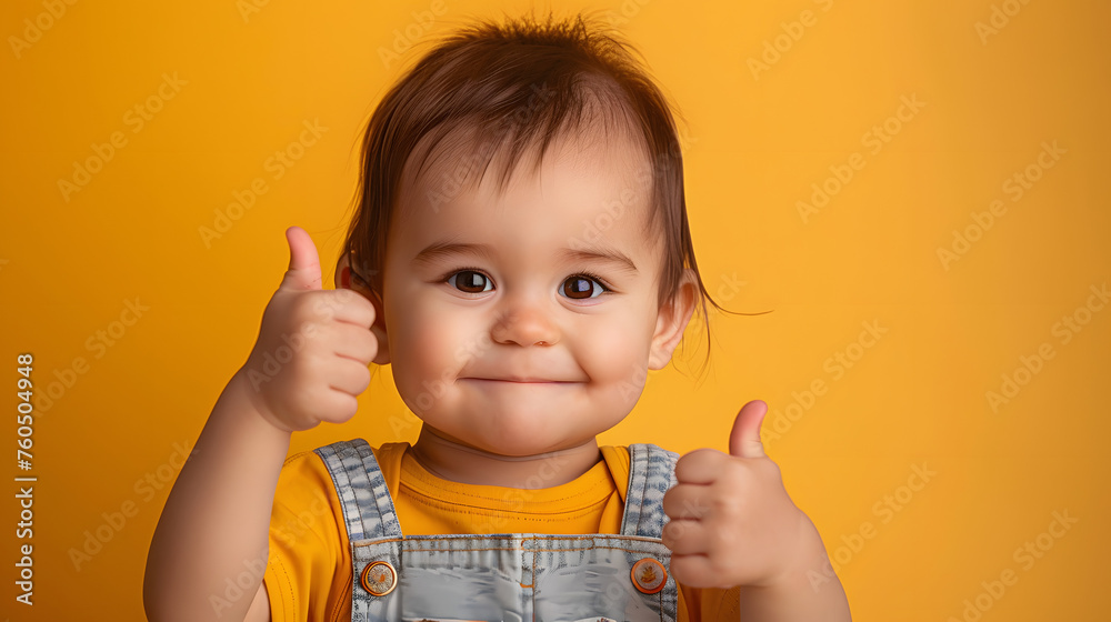 a toddler giving a thumbs up on yellow background, cute baby a toddler giving a thumbs up on yellow background, cute baby