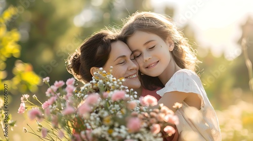 Warm embrace between mother and daughter in golden hour light. tender family moment with flowers. soft focus, lifestyle portrait. AI