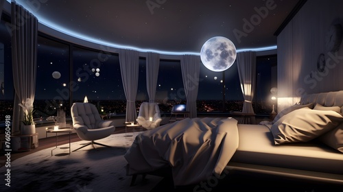  a celestial-themed bedroom with virtual planets and cosmic light fixtures
