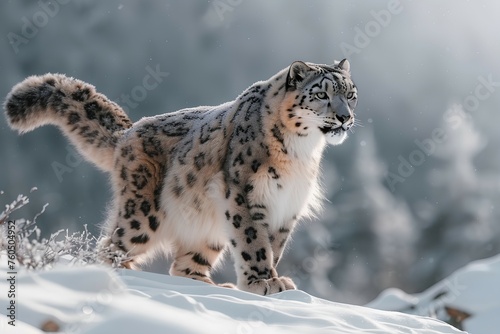 A full-length snow leopard with a tail in the mountains