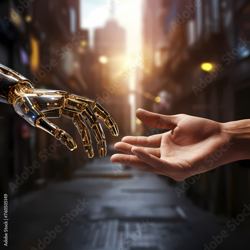 A futuristic robot hand reaching out for human touch