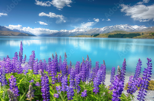 Photo of a lake in New Zealand with purple and white flowers on the shore, snowcapped mountains behind the lake, blue sky with clouds