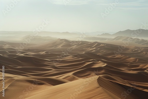 A large group of sand dunes in the desert stretching across the horizon under the clear sky. Generative AI