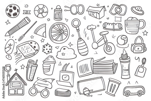 Doodle set of objects from a child's life, black and white outline.
