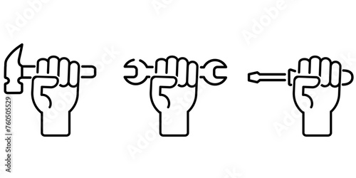 Working tools icon. Hammer, spanner and screwdriver symbols. Repairer with equipment icon set. Mechanic sign. Labour day pictogram.