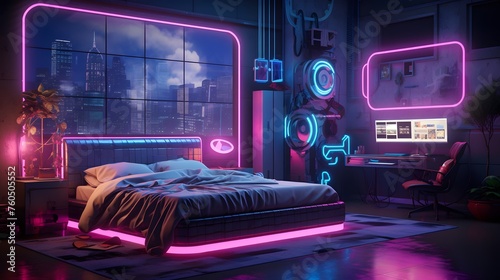  a cyberpunk-themed bedroom with holographic displays and neon lights 