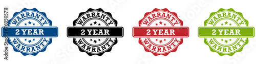 Set of 2 year warranty stamp in blue, black, red and green color icons. Symbols for business, package, web or app.