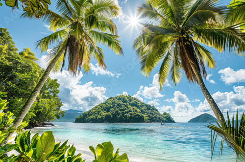 A tropical paradise with lush green palm trees, turquoise water and white sandy beaches. The sun is shining brightly over the blue sky in a beautiful summer day