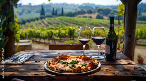 Rustic outdoor dining experience with pizza and wine in a vineyard setting. enjoying gourmet italian cuisine al fresco. relaxing vineyard landscape. AI