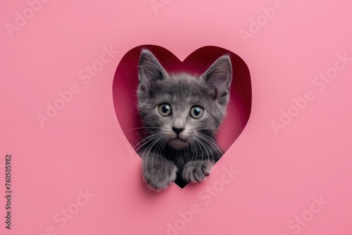 Gray kitten peeks out of a heart-shaped hole on a pink background. Blank design for Valentine's Day, greeting card, expression of love. Copy space with generative ai