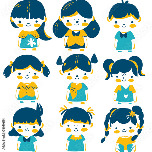 Collection de personnages cartoons enfantins avec différentes coiffures et expressions. Bleu et jaune.
