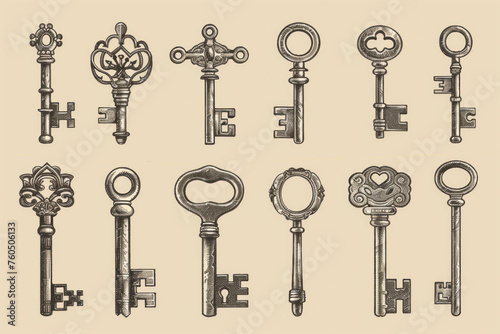 Old key collection, vintage illustration. © Hunman