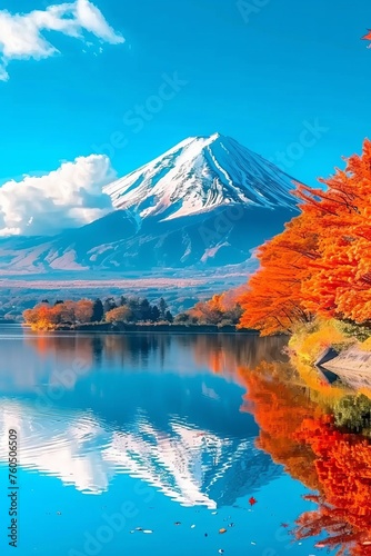 Mtfuji  tallest volcano in tokyo  japan   snow capped peak and autumn red trees nature landscape
