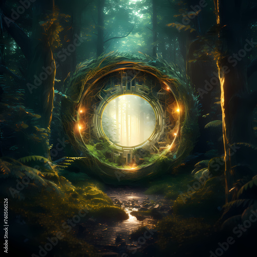 A magical portal in the middle of a forest.