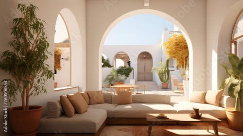  a traditional Greek villa living room with whitewashed walls  terracotta floors  and arched doorways leading to a sun-drenched courtyard 