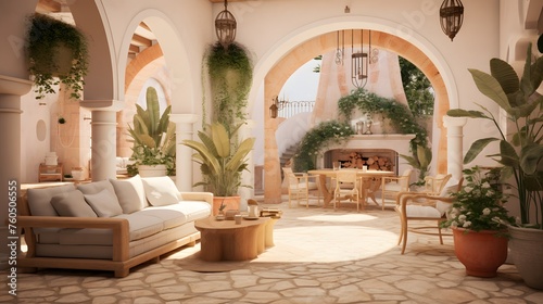  a traditional Greek villa living room with whitewashed walls, terracotta floors, and arched doorways leading to a sun-drenched courtyard 