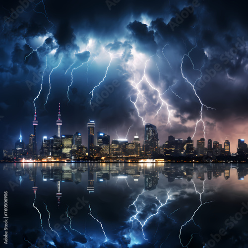 Dramatic lightning storm over a city skyline. 