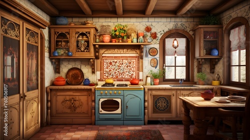  a traditional Russian dacha kitchen with hand-painted tiles, wooden cabinets, and a traditional Russian oven for baking
 photo