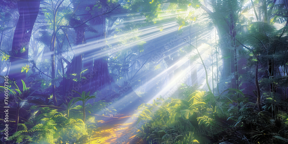 Obraz premium Sunlight Streaming Through the Trees in a Magical Forest. Trail Through a Verdant Rainforest