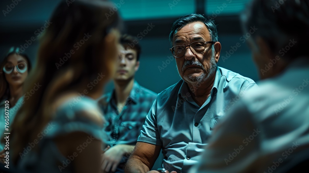 Fototapeta premium Focused senior man in a group discussion, expressing concerns. candid shot in muted tones, embodying teamwork and collaboration. captured in a modern office setting. AI