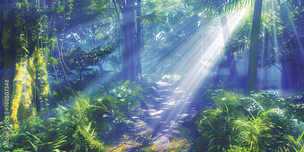 Sunlight Streaming Through the Trees in a Magical Forest. Trail Through a Verdant Rainforest