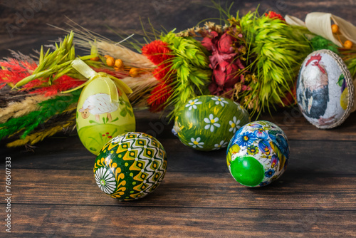 Easter. Colorful Easter eggs and Easter palm photo