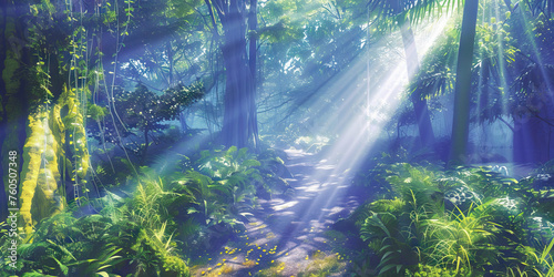 Sunlight Streaming Through the Trees in a Magical Forest. Trail Through a Verdant Rainforest