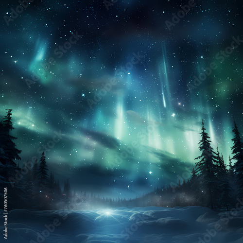 Ethereal northern lights dancing in the night sky. 