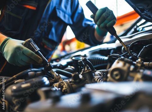 Auto mechanic working on car engine in mechanics garage. Repair service. authentic close-up shot