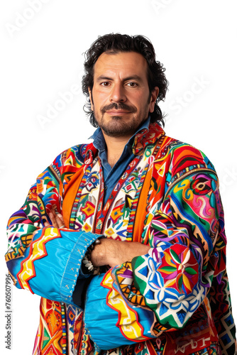 Portrait of a white man in a vibrant traditional attire outfit isolated on a white background as transparent PNG