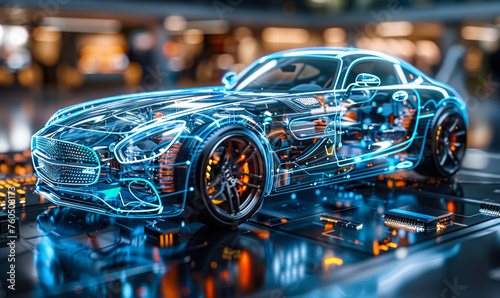 Transparent high-tech automobile design showcasing internal mechanics and technology systems, represented in a futuristic 3D blueprint aesthetic © Bartek