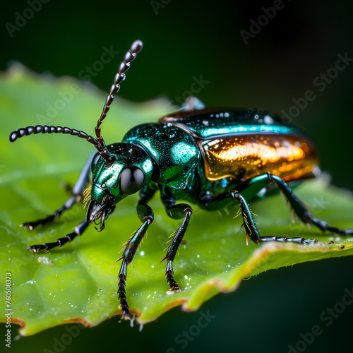 Macro shot of a metallic insect on a leaf.