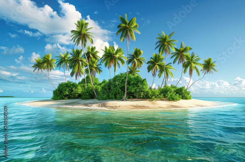 A tropical paradise with lush green palm trees  turquoise water and white sandy beaches. The sun is shining brightly over the blue sky in a beautiful summer day