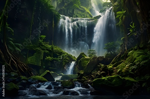 A majestic waterfall cascading down moss-covered rocks in a lush rainforest. 