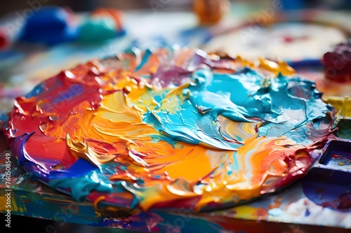 A close-up of an artist's palette covered in a riot of colorful paint, showcasing the creative process. 