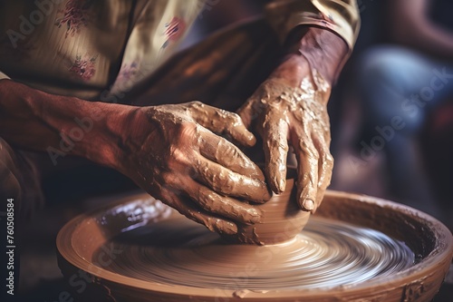 A close-up of a potter's hands shaping clay on a spinning wheel, showcasing the art of pottery. 