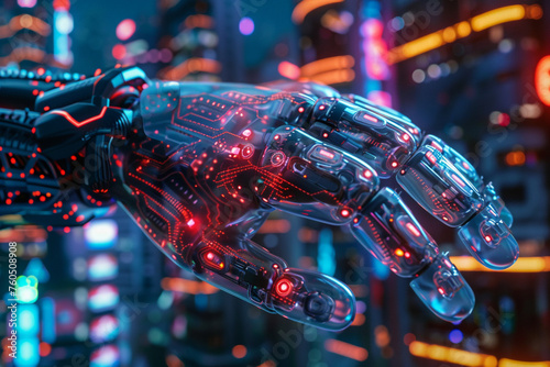 A close-up of a cybernetic hand gripping a virtual reality tool, its intricate circuitry illuminated by the neon lights of the futuristic urban landscape.