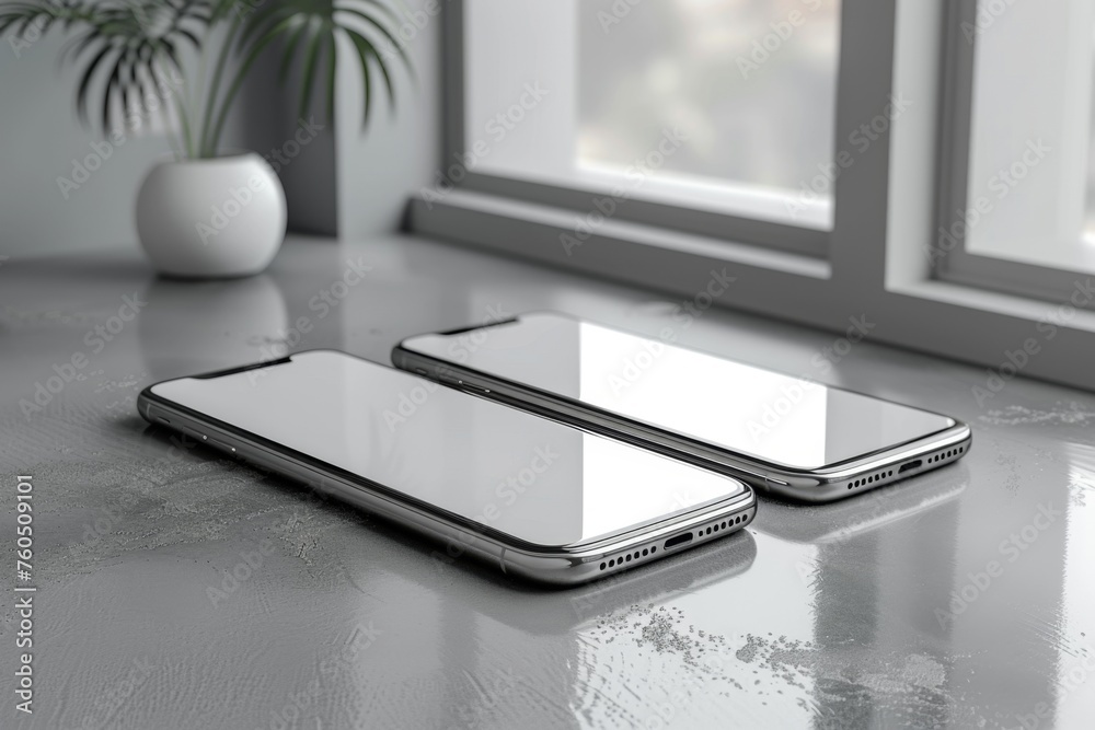 two modern phones on neutral background two modern phones on neutral background