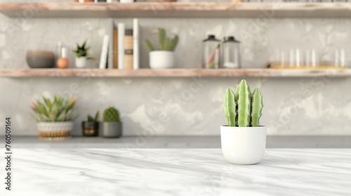 Empty Beautiful table top with cactus and blur bokeh modern kitchen interior background in clean and bright  Ready for product montage