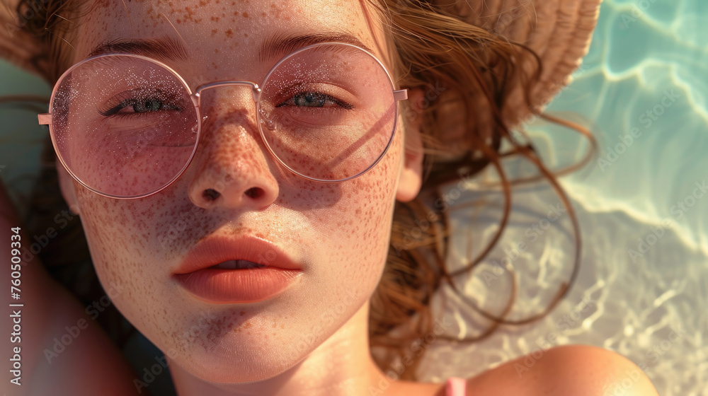 portrait of a girl in glasses on the beach on the sand, face covered with freckles, tanned skin, sea wind breeze, summer portrait of a girl in glasses on the beach on the sand, face covered with freckles, tanned skin, sea wind breeze, summer