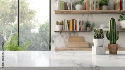 Empty Beautiful table top with cactus and blur bokeh modern kitchen interior background in clean and bright, Ready for product montage