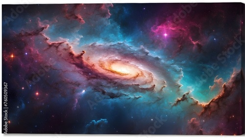 Vibrant cosmic cloud nebula in space captured in an HDRI panorama. Starry  night sky. Astronomy and universe science. Nebulae  galaxies  and supernova backdrop wallpaper in space. 