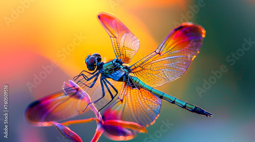 A dewkissed dragonfly perches in the early morning set against the vibrant swirling colors of the Northern Lights in a pristine arctic wilderness © weerasak