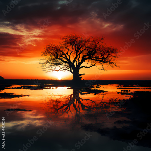 Silhouette of a lone tree against a fiery sunset. 