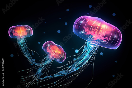 Luminous jellyfish. AI technology generated image